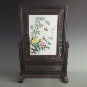 FAMILLE ROSE BAMBOO PORCELAIN PANEL TABLE SCREEN BY CHENG YI TING