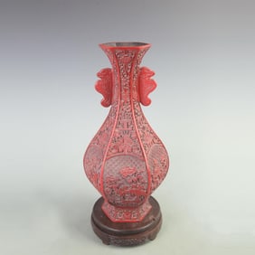 RARE FINE RED CARVED LACQUER FLOWER CARVING VASE