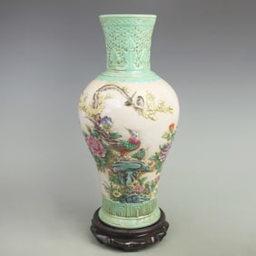 FAMILLE ROSE FLOWER AND BIRD CARVING GUAN YIN STYLE PORCELAIN VASE