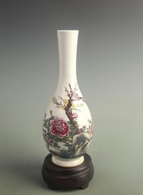 FAMILLE ROSE PEONY AND BIRD GUANYIN STYLE PORCELAIN VASE
