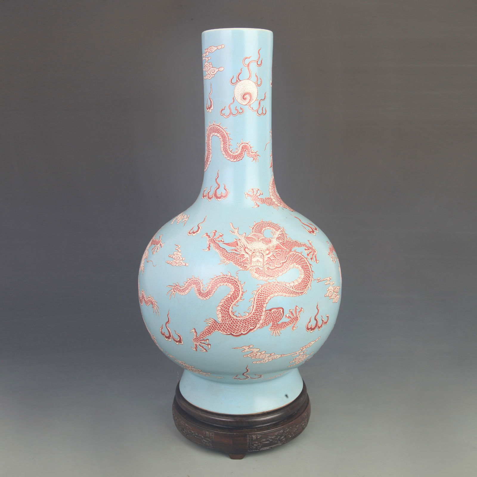 FAMILLE ROSE LIGHT BLUE GROUND PORCELAIN VASE WITH DRAGON PATTERNS (1 of 5)