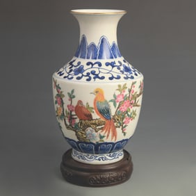 CLOISONNE GROULD FLOWER AND BIRD PATTERN PORCELAIN VASE