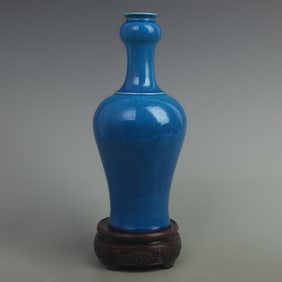 PEACOCK BLUE GLAZED FLORAL DESIGN LONG NECKED GARLIC HEAD VASE