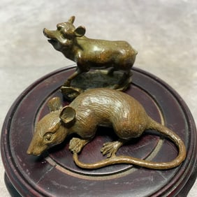 PAIR OF BRONZE RAT AND OX ORNAMENTS (2 PIECES)