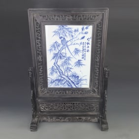 BLUE AND WHITE PORCELAIN TABLE PANEL WITH BAMBOO DESIGN
