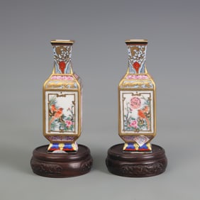 PAIR OF CLOISONNÉ SQUARE SMALL VASES WITH FLOWER AND BIRD DESIGN