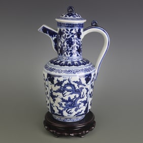 BLUE AND WHITE FLOWER AND DRAGON PATTERN PORCELAIN JUG