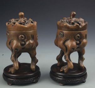 RARE PAIR OF TREE ROOT BRONZE INCENSE BURNER