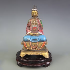 A FINE COLOR PAINTED BRONZE GUANYIN STATUE