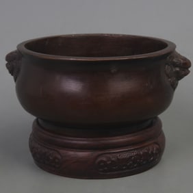 A FINE XUAN DE STYLE LION EAR ROUND BRONZE CENSER