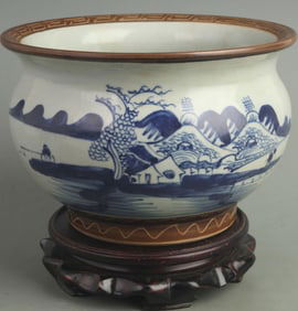 BLUE AND WHITE MOUNTAIN AND RIVER LANDSCAPE INCENSE BURNER