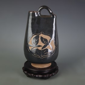 BLACK GLAZED FLORAL PATTERN POTTERY TEAPOT