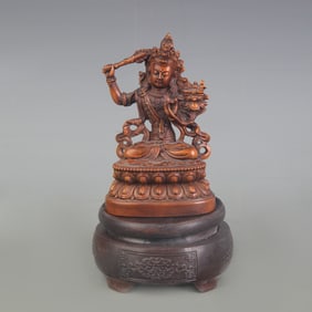 A FINE WOODEN CARVING FIGURE OF MANJUSHRI BODHISATTVA STATUE