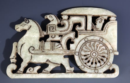 A COPY OF OLD JADE IN FIGURE OF HORSE WITH CARRIAGE
