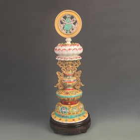 YELLOW GROUND FAMILLE ROSE PORCELAIN BUDDHIST ITEM