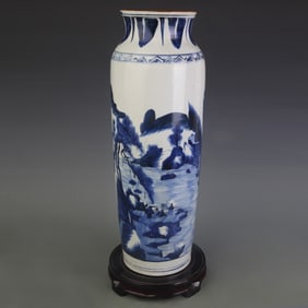 BLUE AND WHITE LANDSCAPE CYLINDRICAL STYLE VASE