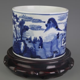 BLUE AND WHITE LANDSCAPE AND FIGURE BRUSH POT