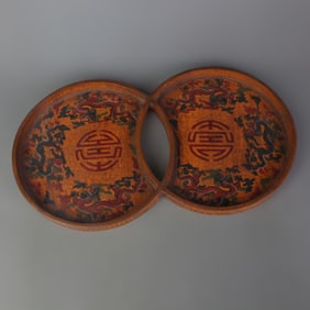 LACQUERED PAINTED DRAGON PATTERN DOUBLE ROUND WOODEN TRAY
