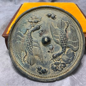 SONG DYNASTY BRONZE MIRROR WITH CRANE AND LINGZHI