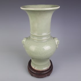 LONGQUAN KILN CARVED FLOWER VASE WITH BEAST HANDLES