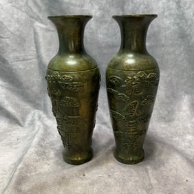 PAIR OF QIANLONG ERA BRONZE VASES WITH DRAGON AND PHOENIX DESIGN