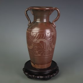 BROWN GLAZED DOUBLE-EARED CARVED VASE