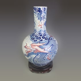 BLUE AND WHITE UNDERGLAZE RED DRAGON HEAVENLY GLOBE VASE