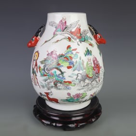 FAMILLE ROSE FIGURE PATTERN DEER-HEAD PORCELAIN VASE