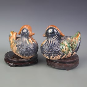 PAIR OF THREE COLOR GLAZED MANDARIN DUCK FIGURINES