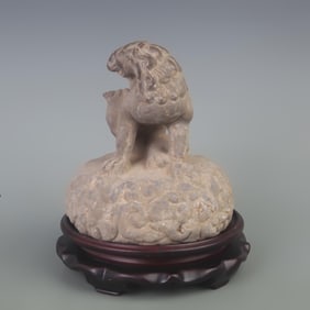 A FINE OLD STONE MADE CARVING RUI SHOU FIGURE