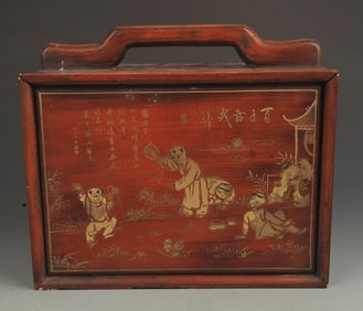 RARE GILT LACQUERED CHILDREN PLAYING WOODEN BOOKCASE