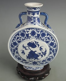 BLUE AND WHITE PEACH LONGEVITY MOONFLASK STYLE PORCELAIN VASE