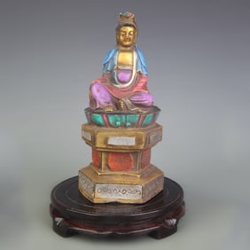 A FINE BRONZE PAINTED GUANYIN STATUE