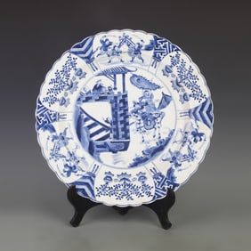BLUE AND WHITE STORY SCENE LARGE PORCELAIN PLATE