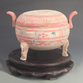 PAINTED POTTERY TRIPOD DING WITH ANIMAL PATTERNS