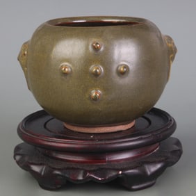 YELLOWISH-BROWN GLAZE BEAST-EAR INCENSE BURNER