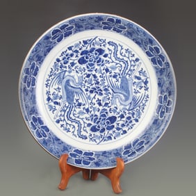 BLUE AND WHITE FLORAL AND PHOENIX PATTERN LARGE PORCELAIN PLATE