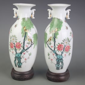 PAIR OF FAMILLE ROSE FLOWER AND BIRD DOUBLE-EAR APPRECIATION VASES