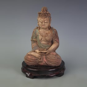 WOODEN PAINTED GUANYIN STATUE