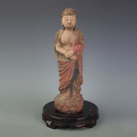 A FINE WOODEN CARVED STANDING BUDDHA STATUE