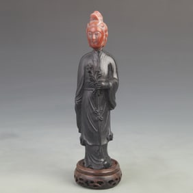 SANDALWOOD INLAID SHOUSHAN STONE CARVED FEMALE STATUE