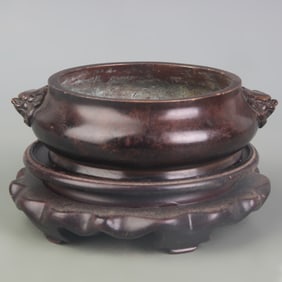 A FINE BRONZE BEAST-EAR ROUND-FOOT CENSER