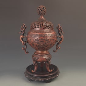 RARE FLOWER AND DRAGON CARVING BRONZE INCENSE BURNER BURNER