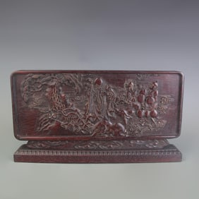 RED SANDALWOOD CARVED "FAMILY HARMONY BRINGS PROSPERITY" TABLE SCREEN