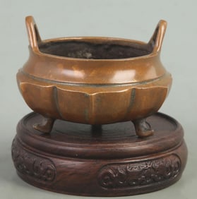 THREE LEGGED BRONZE INCENSE BURNER WITH BRIDGE EARS