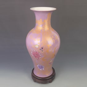 FAMILLE ROSE GLAZED GROUND FLORAL AND BIRD LARGE PORCELAIN VASE