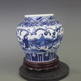 BLUE AND WHITE COLOR CHARACTER PATTERN PORCELAIN JAR
