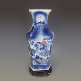 BLUE AND WHITE UNDERGLAZE RED DRAGON PATTERN HEXAGONAL VASE