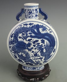 BLUE-AND-WHITE DRAGON-PHOENIX MOON FLASK