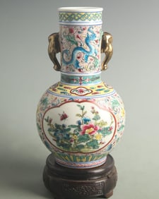 FAMILLE CLOISONNE ENAMEL COLOR ELEPHANT EAR PORCELAIN BOTTLE